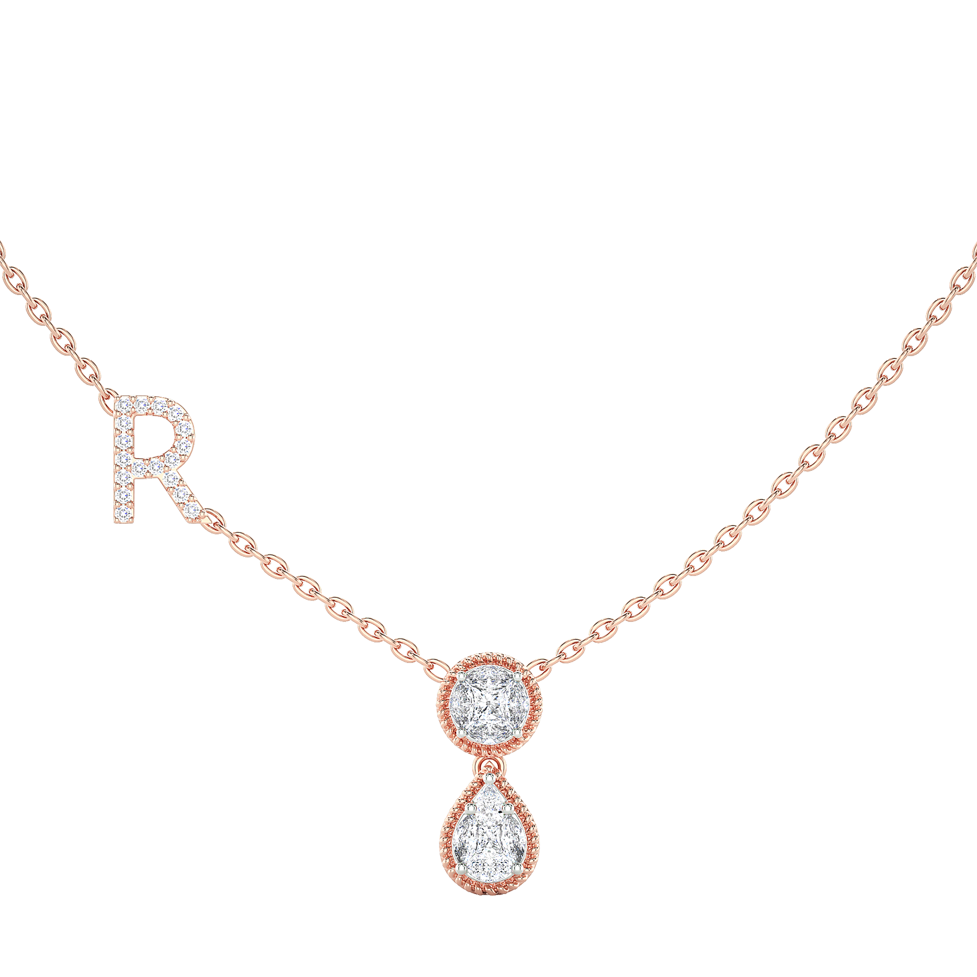 Initial "R" Round & Pear Diamond Necklace