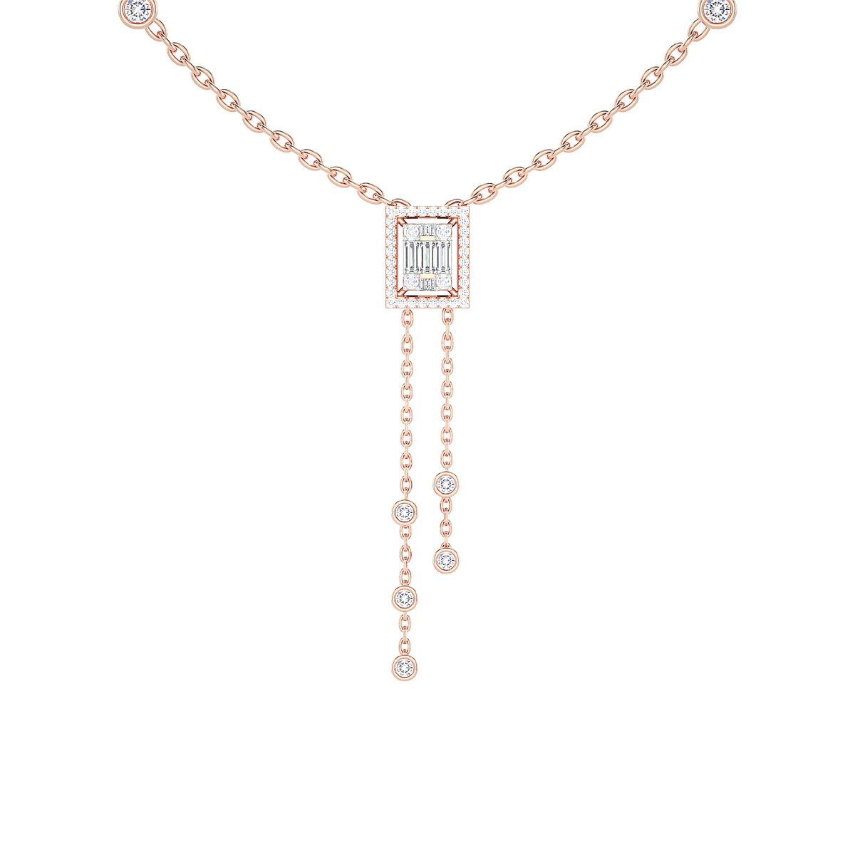 Baguette Diamond Rectangle Halo Lariat Necklace