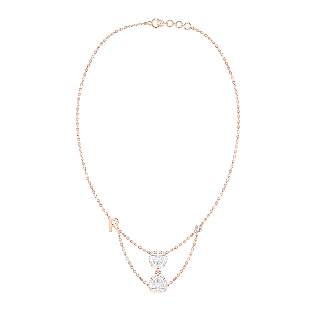 Double Heart Halo Necklace with Initial Charm