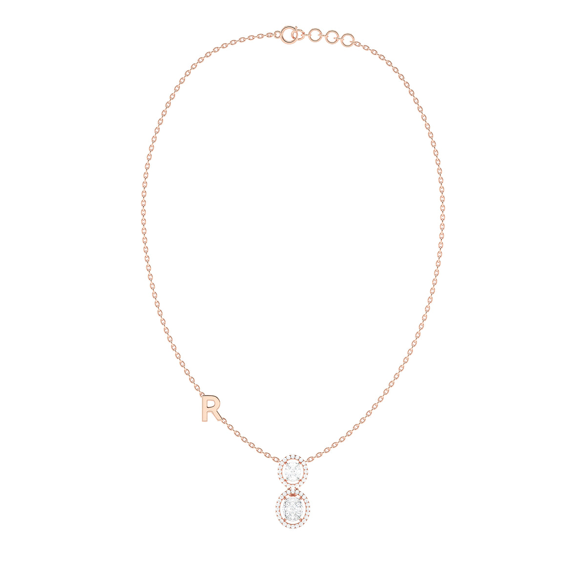 Double Oval Halo Necklace with Initial Charm