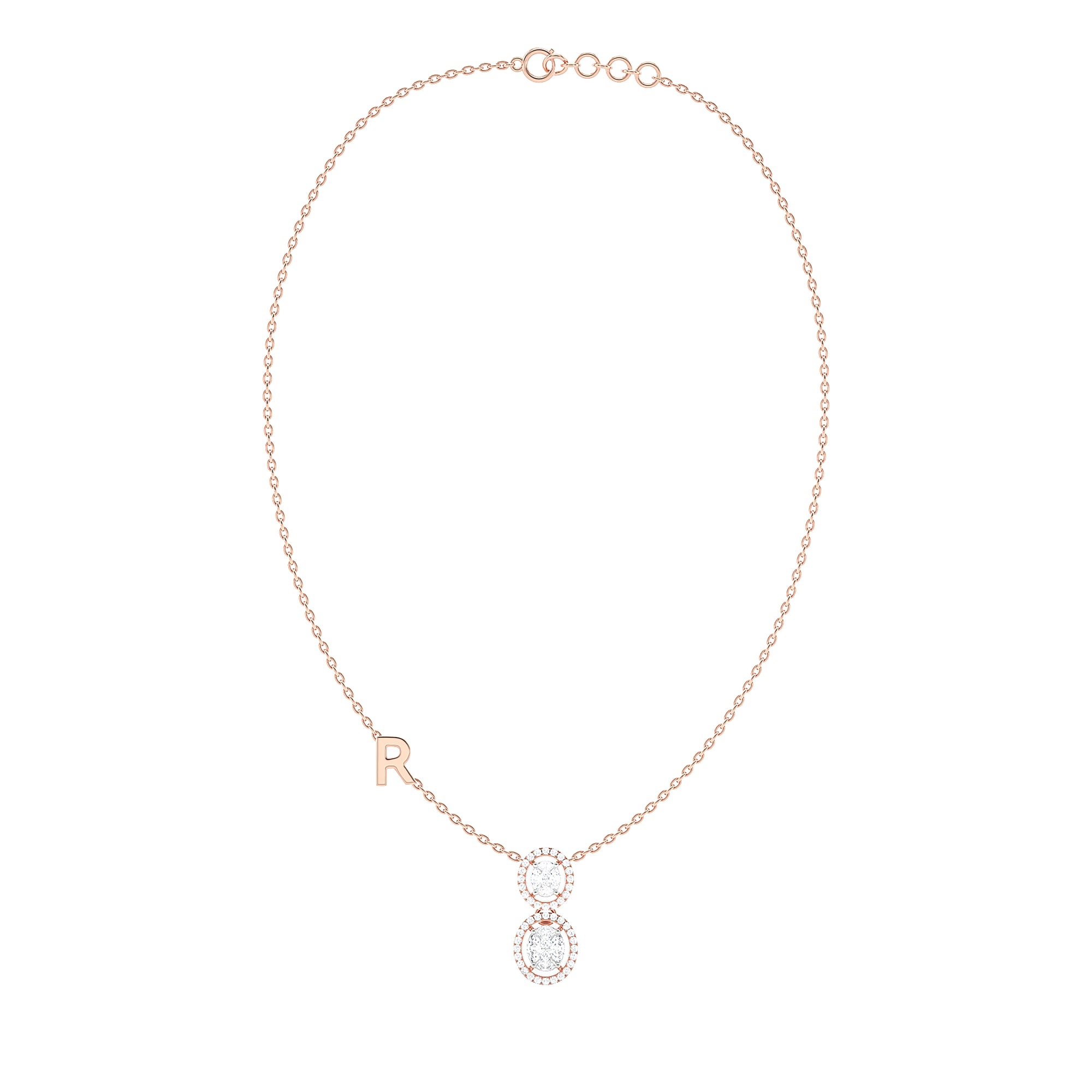 Double Oval Halo Necklace with Initial Charm