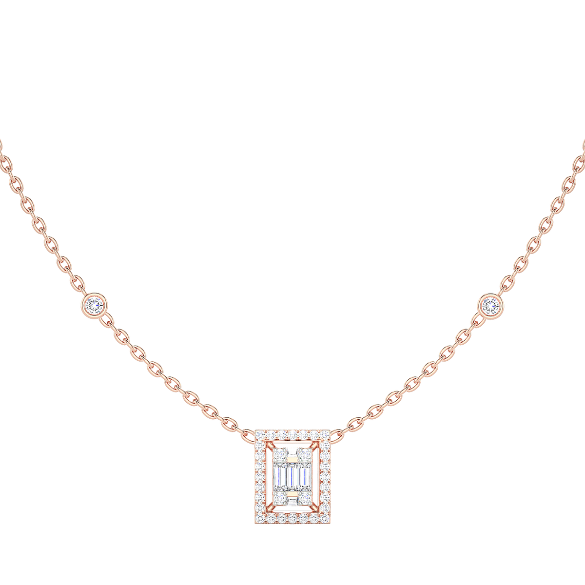 Baguette Diamond Rectangle Halo Necklace with Diamond Stations
