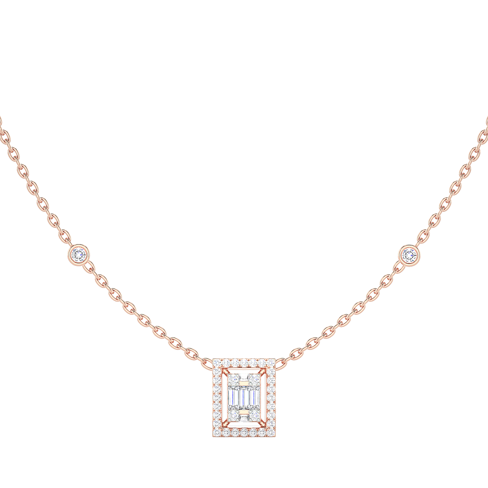 Baguette Diamond Rectangle Halo Necklace with Diamond Stations