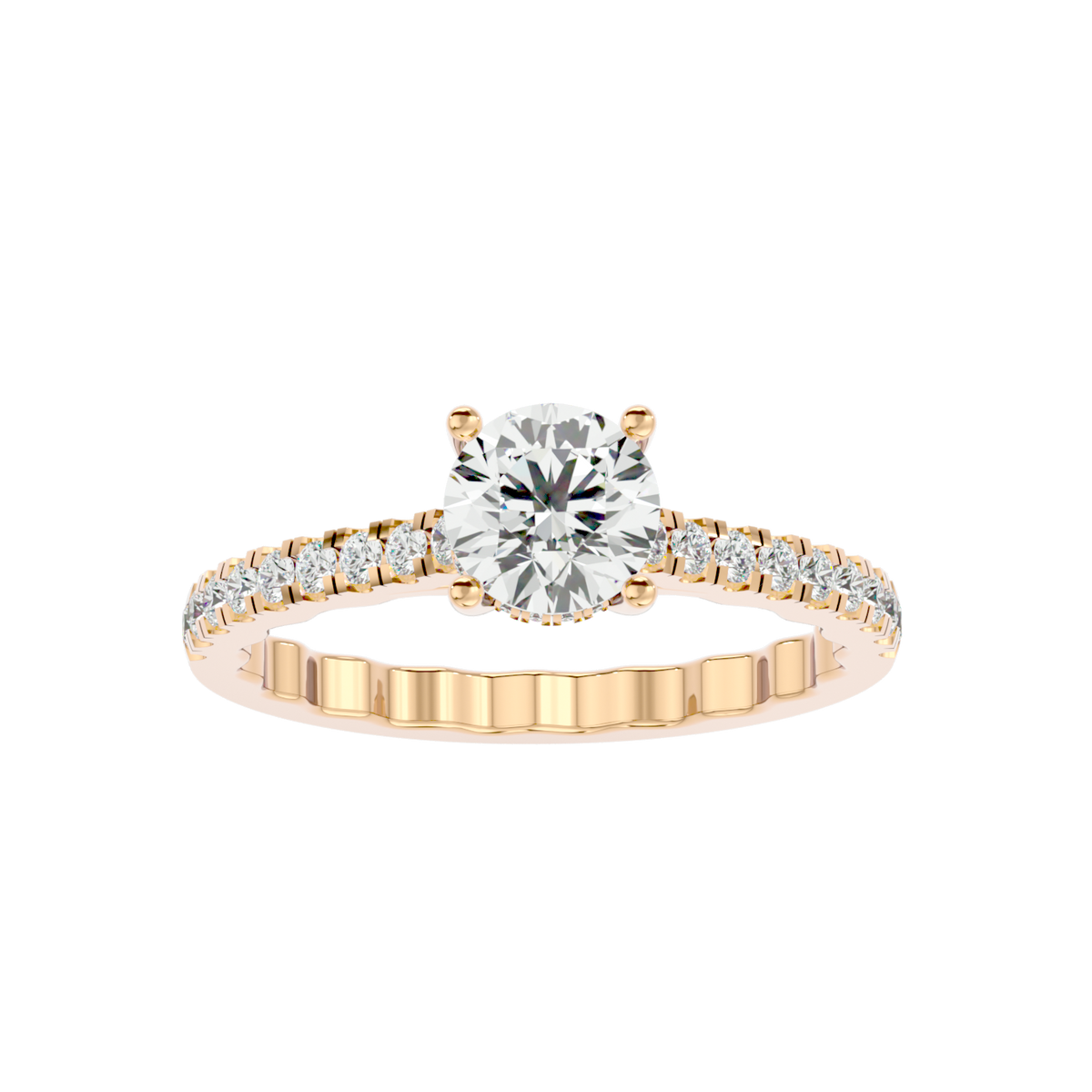 Elegant Gold Solitaire Diamond Ring with Pavé Diamond Band