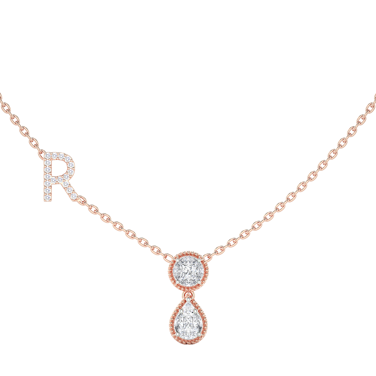 Initial "R" Round & Pear Diamond Necklace