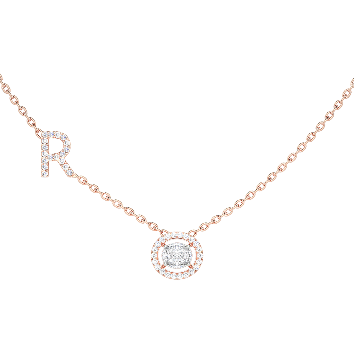 Initial "R" Round Halo Diamond Necklace