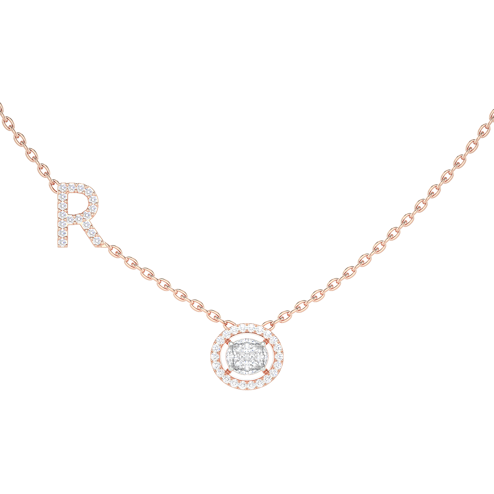 Initial "R" Round Halo Diamond Necklace