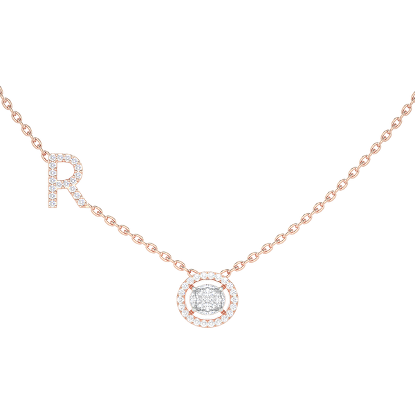 Initial "R" Round Halo Diamond Necklace