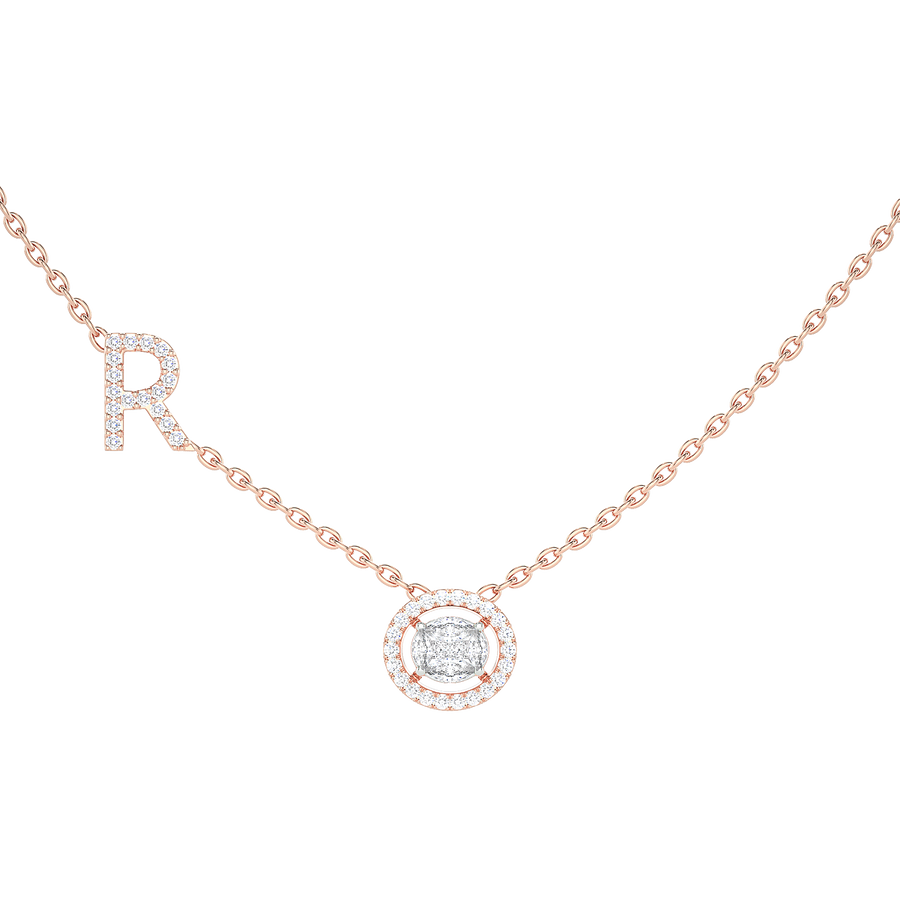 Initial "R" Round Halo Diamond Necklace