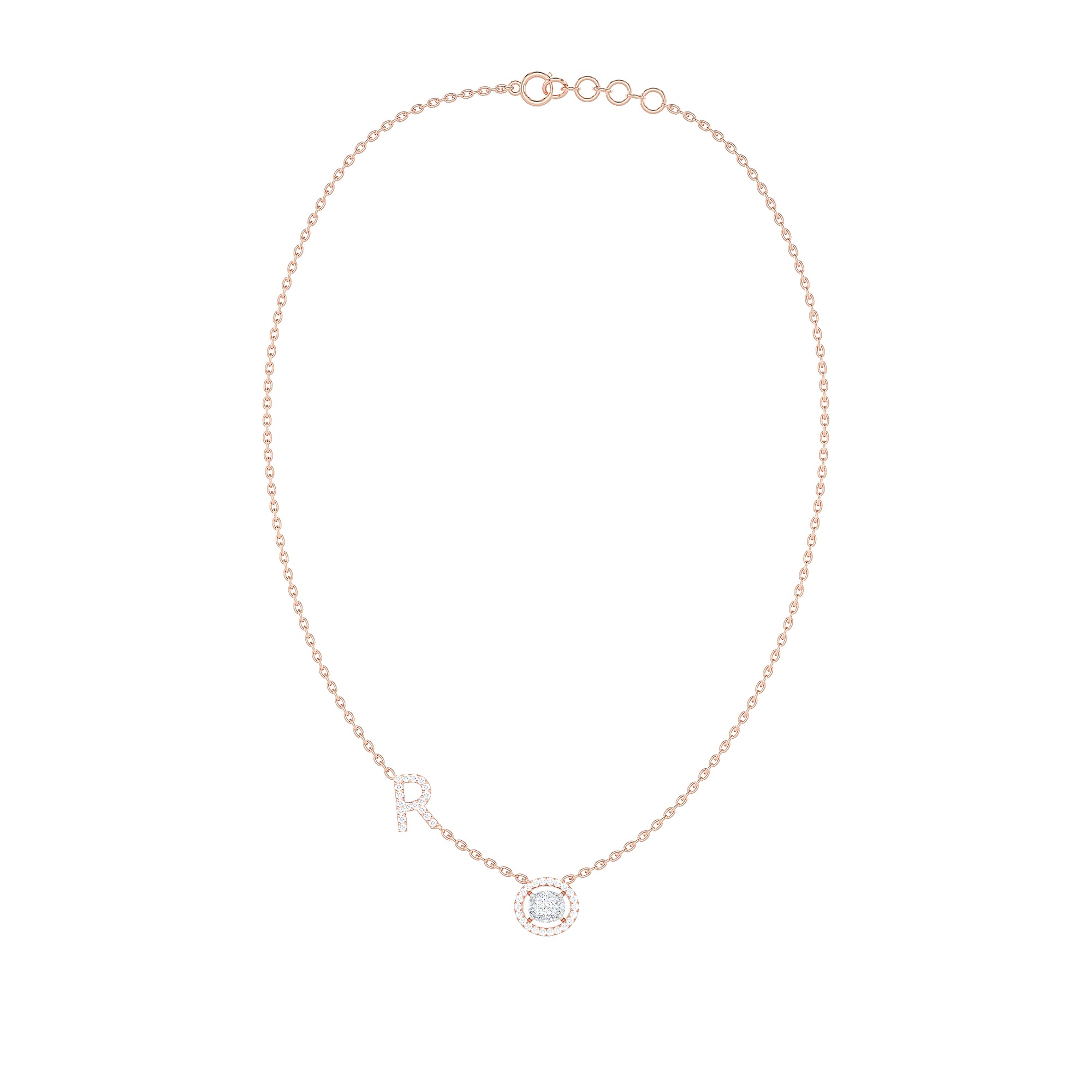 Initial "R" Round Halo Diamond Necklace