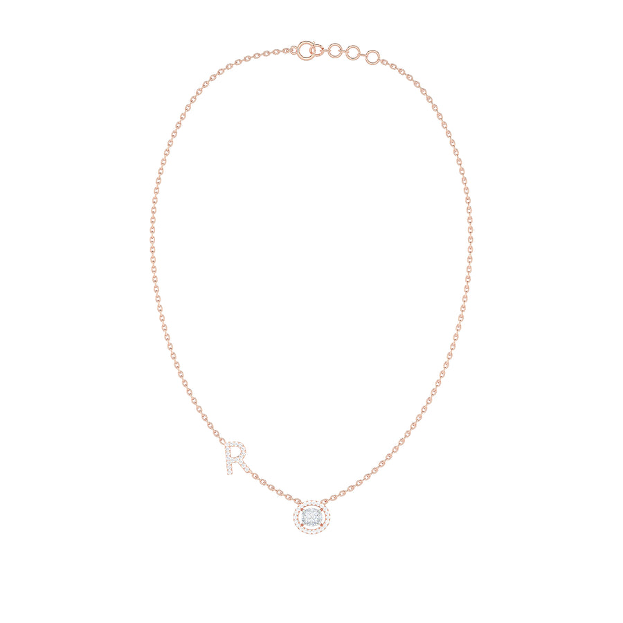 Initial "R" Round Halo Diamond Necklace