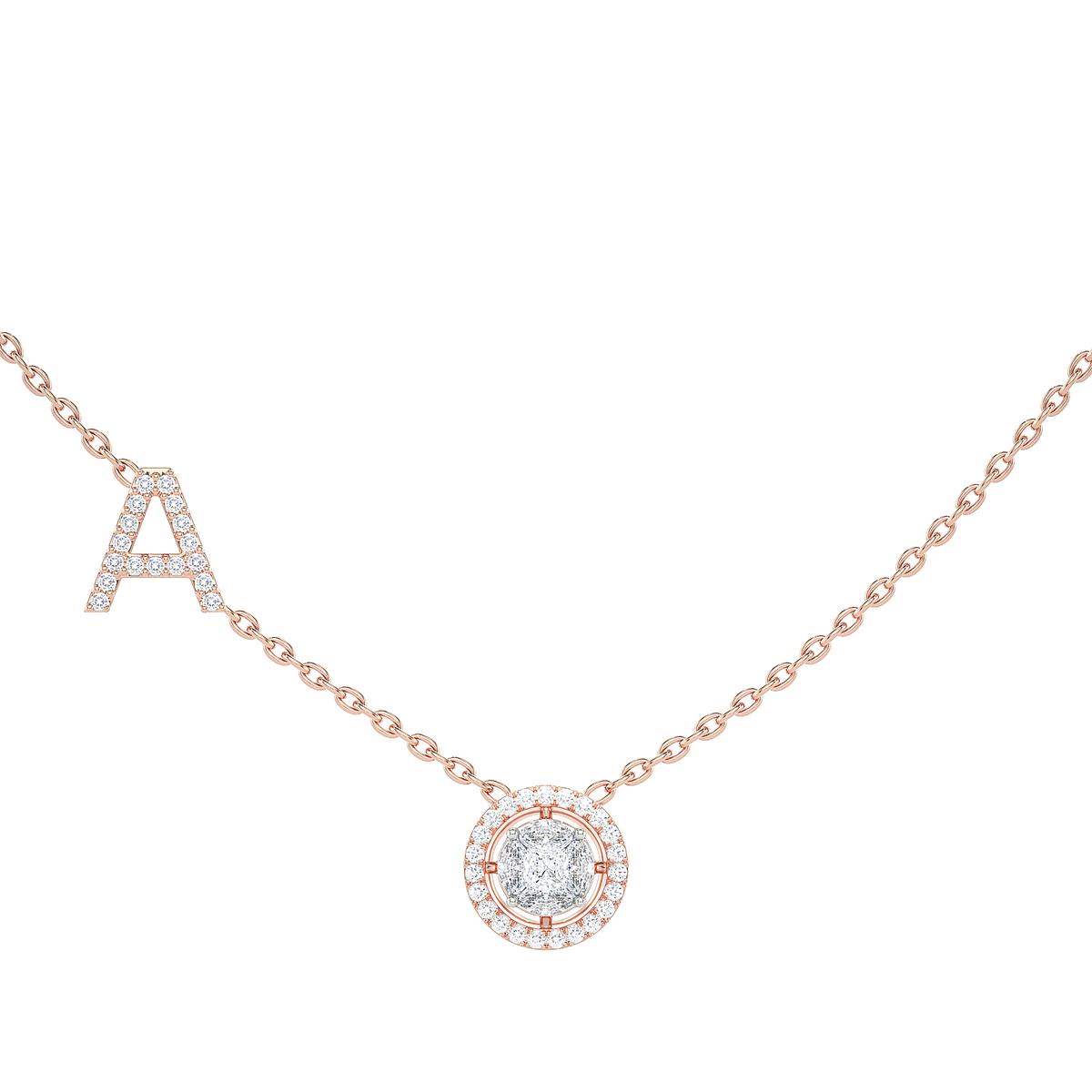 Initial "A" Princess-Cut Halo Diamond Necklace