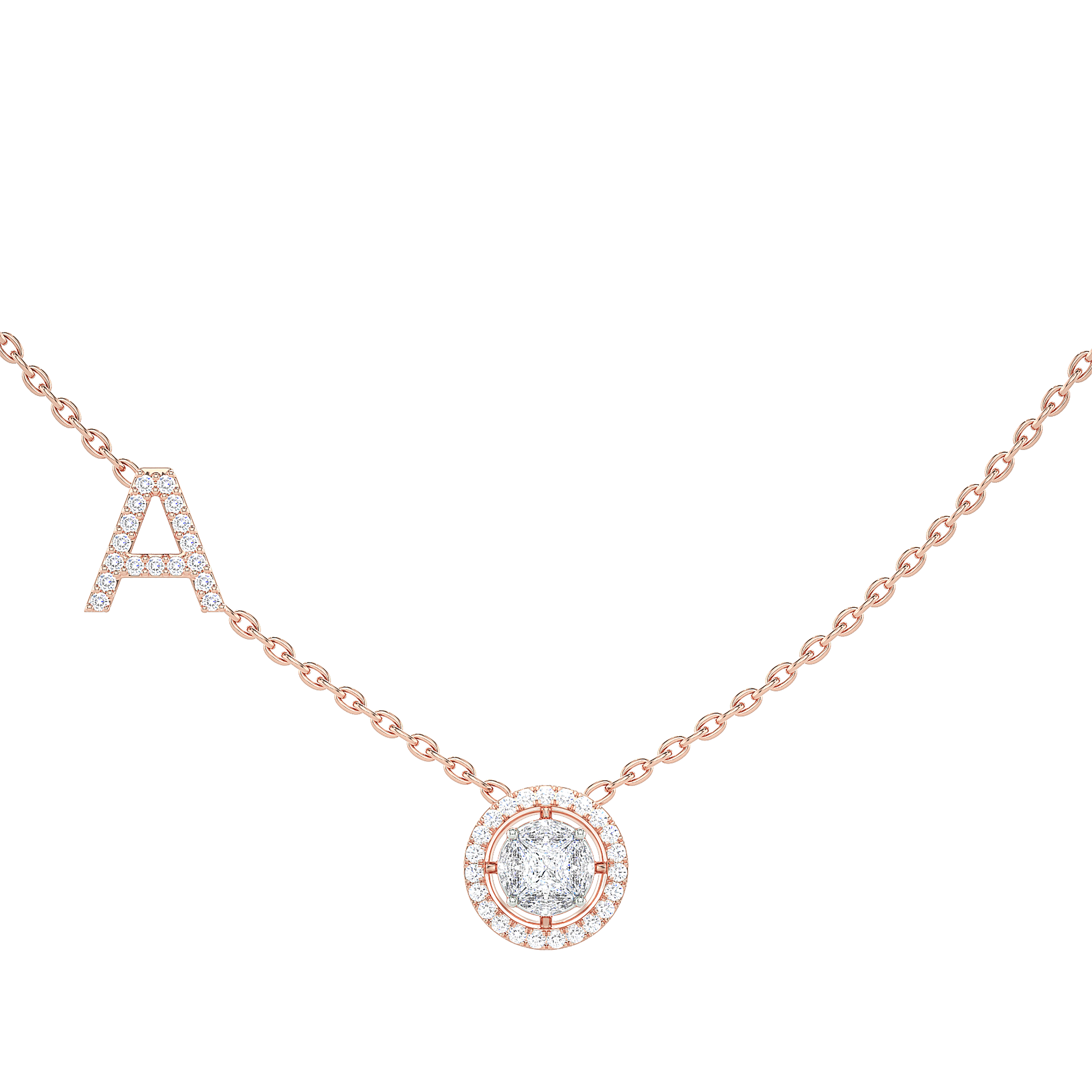 Initial "A" Princess-Cut Halo Diamond Necklace