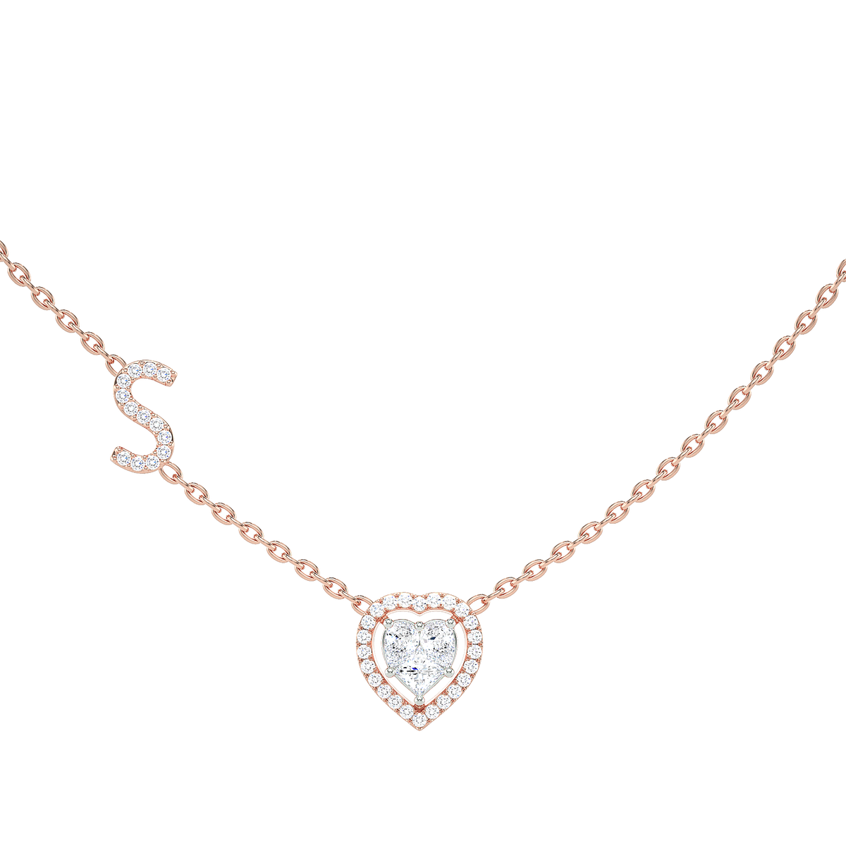 Initial "S" Heart-Shaped Halo Diamond Necklace