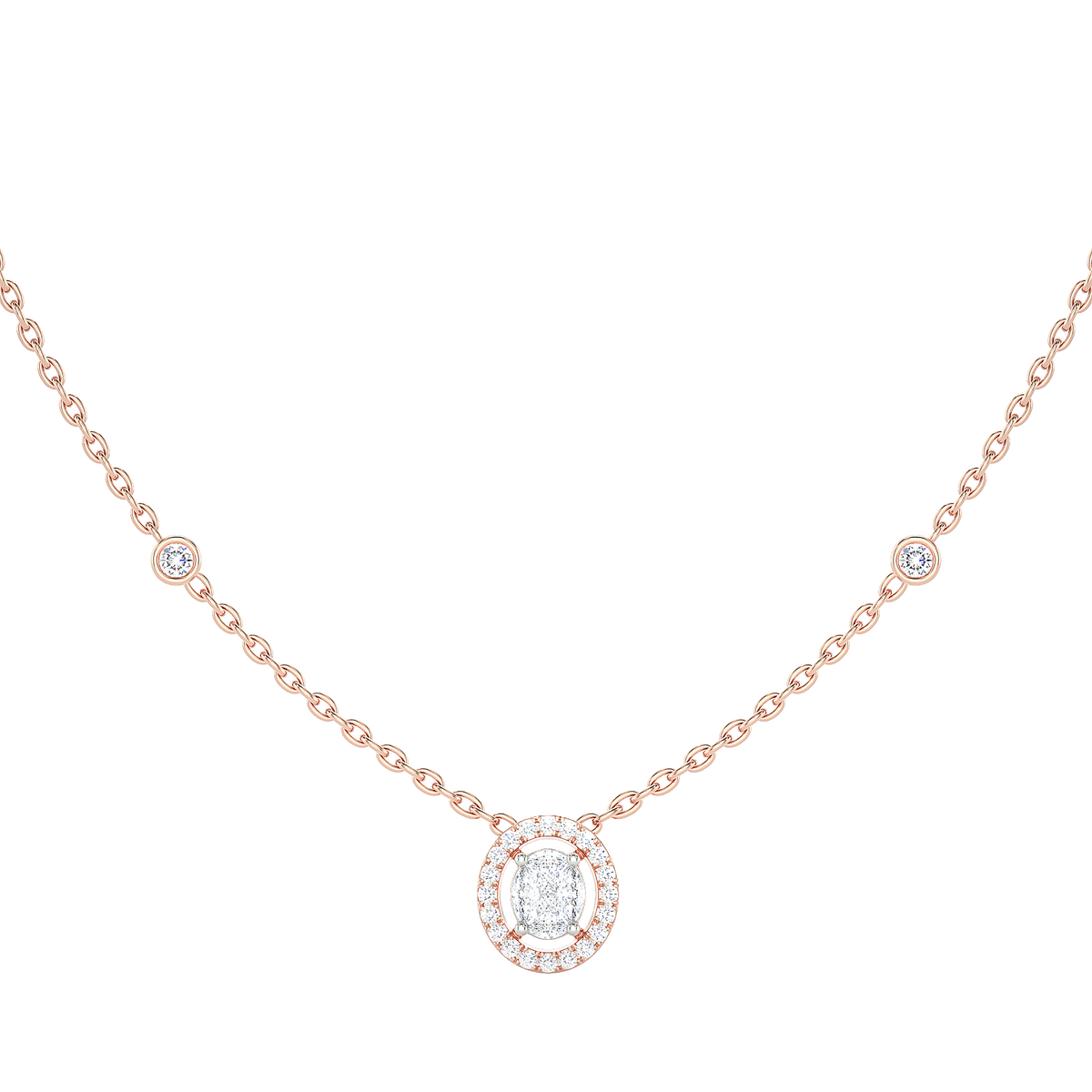 Oval Halo Diamond Necklace with Bezel Accents