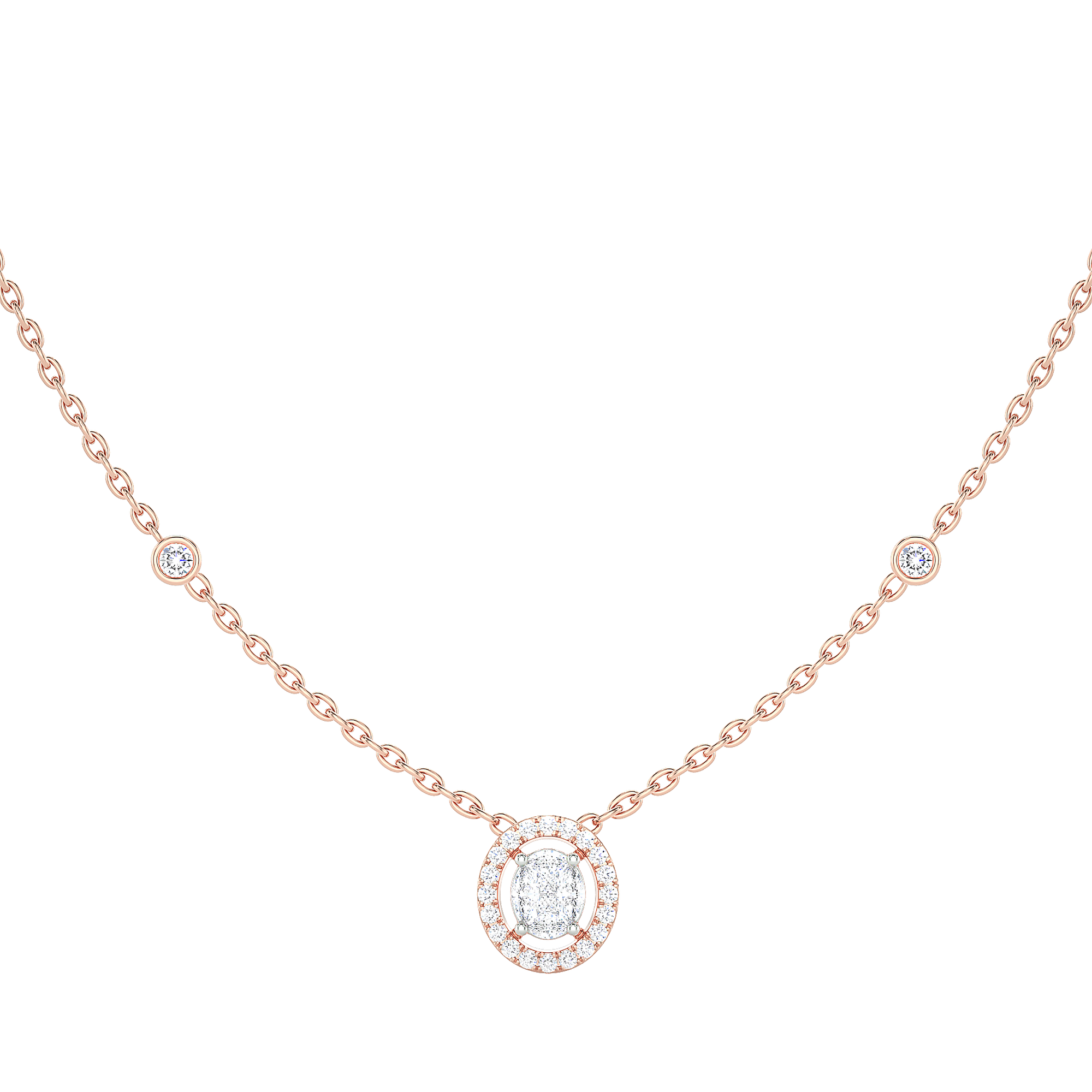 Oval Halo Diamond Necklace with Bezel Accents
