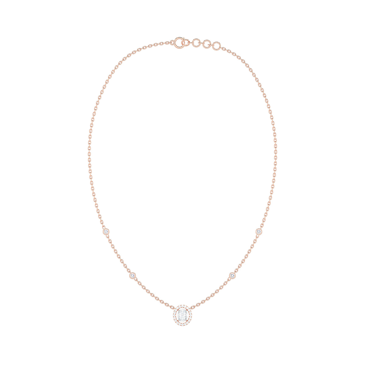 Oval Halo Diamond Necklace with Bezel Accents