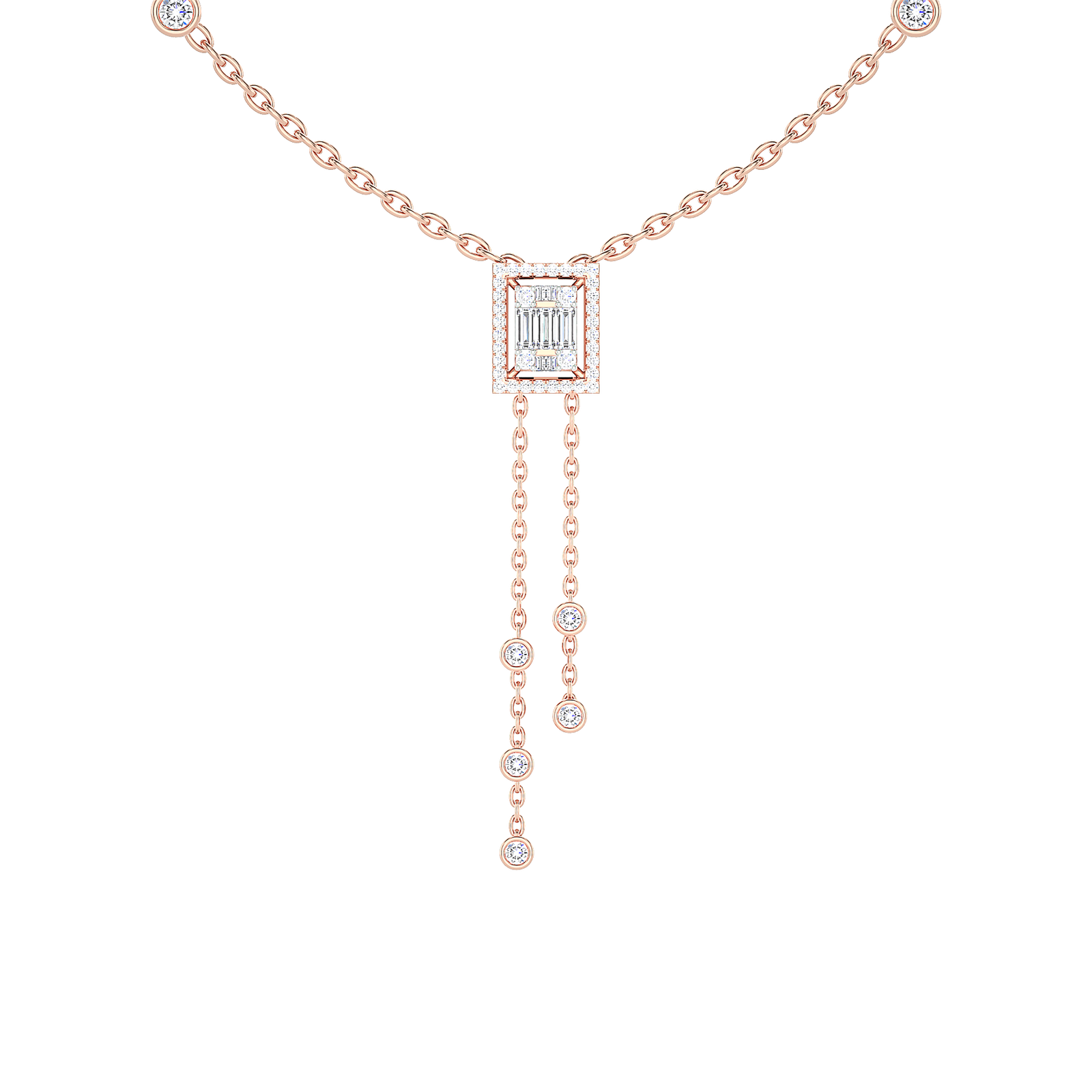 Baguette Diamond Rectangle Halo Lariat Necklace
