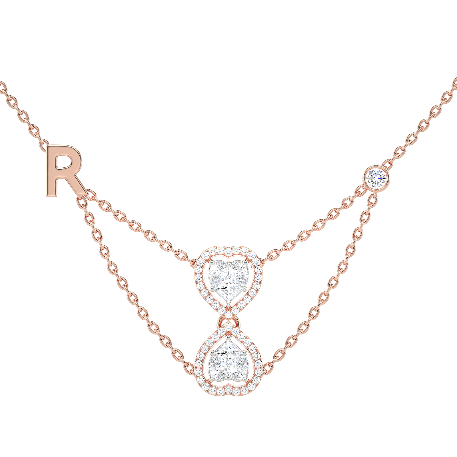 Double Heart Halo Necklace with Initial Charm