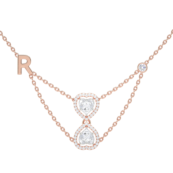 Double Heart Halo Necklace with Initial Charm