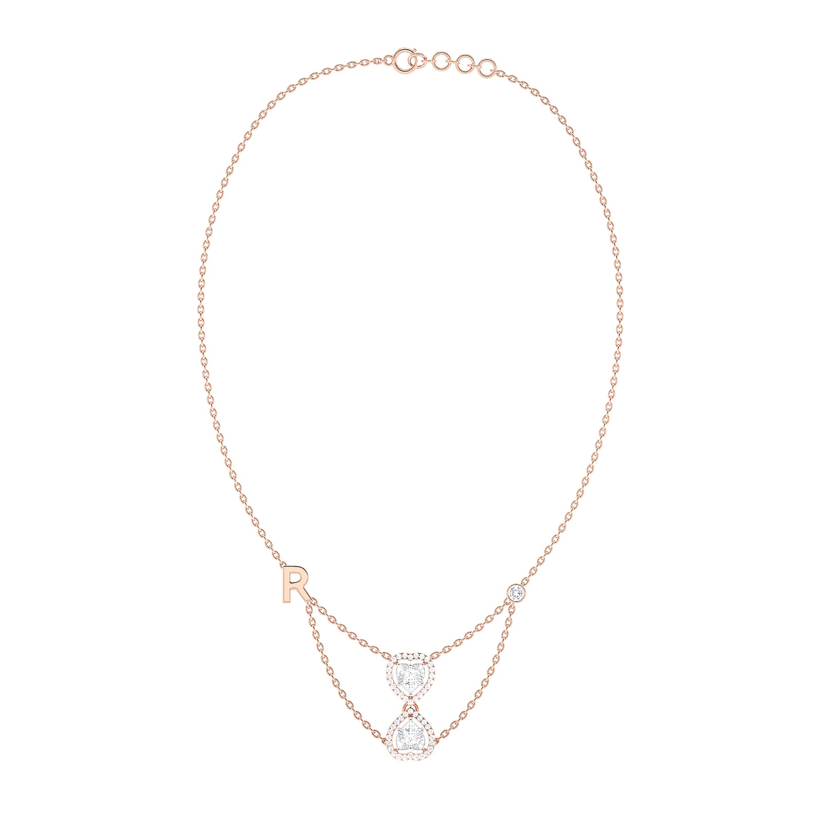 Double Heart Halo Necklace with Initial Charm