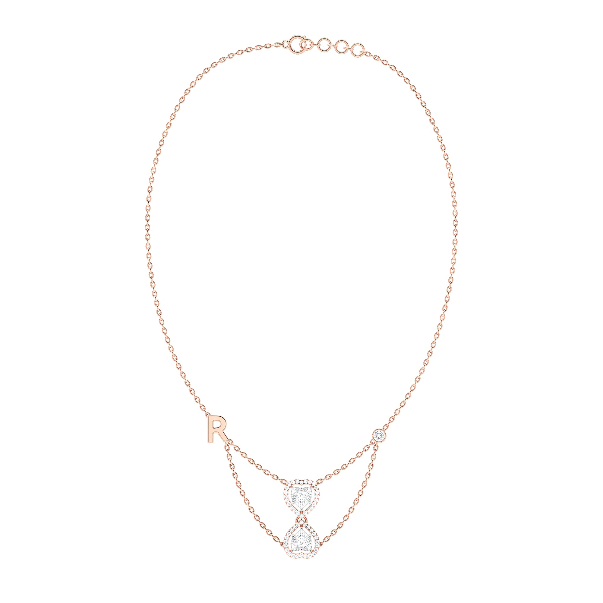 Double Heart Halo Necklace with Initial Charm