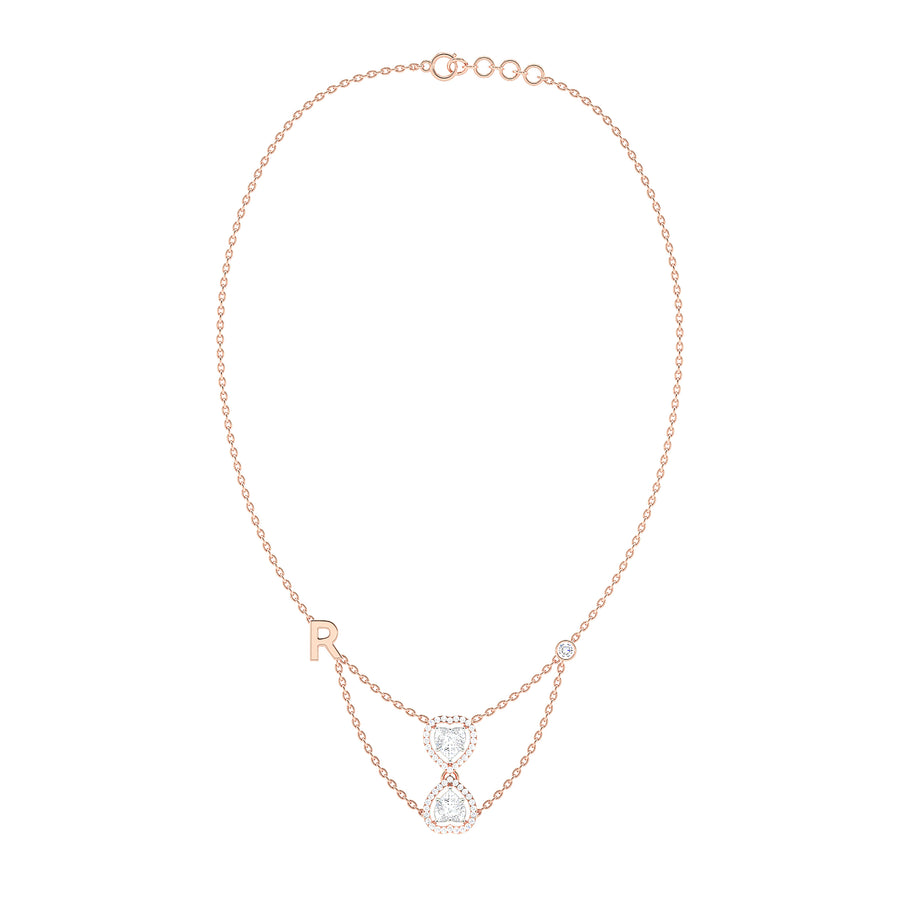 Double Heart Halo Necklace with Initial Charm