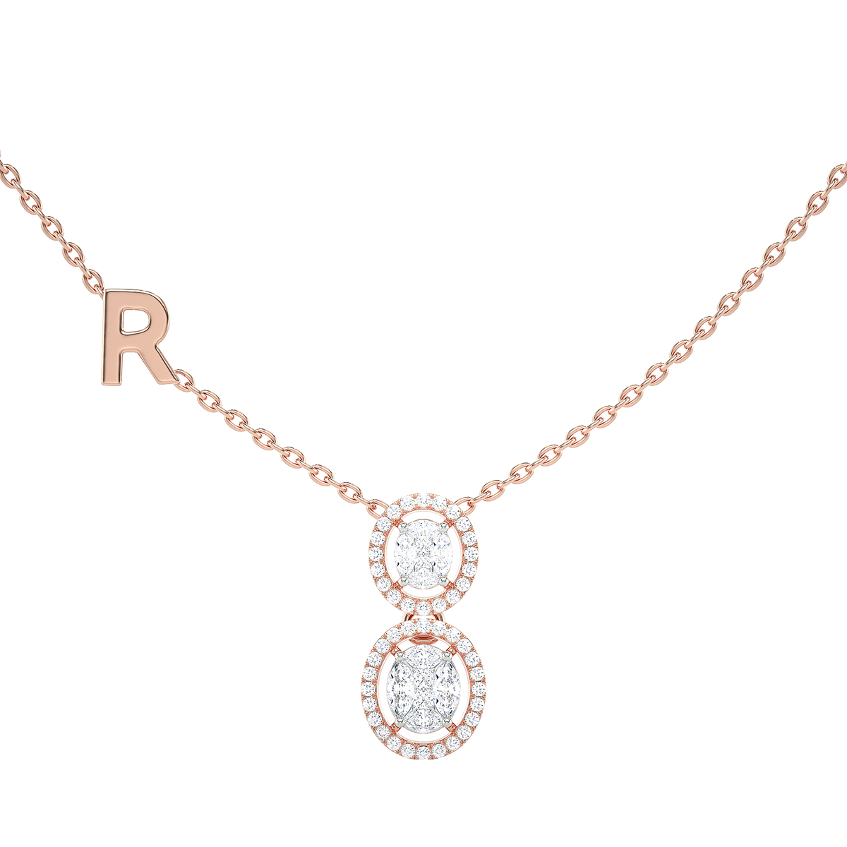Double Oval Halo Necklace with Initial Charm