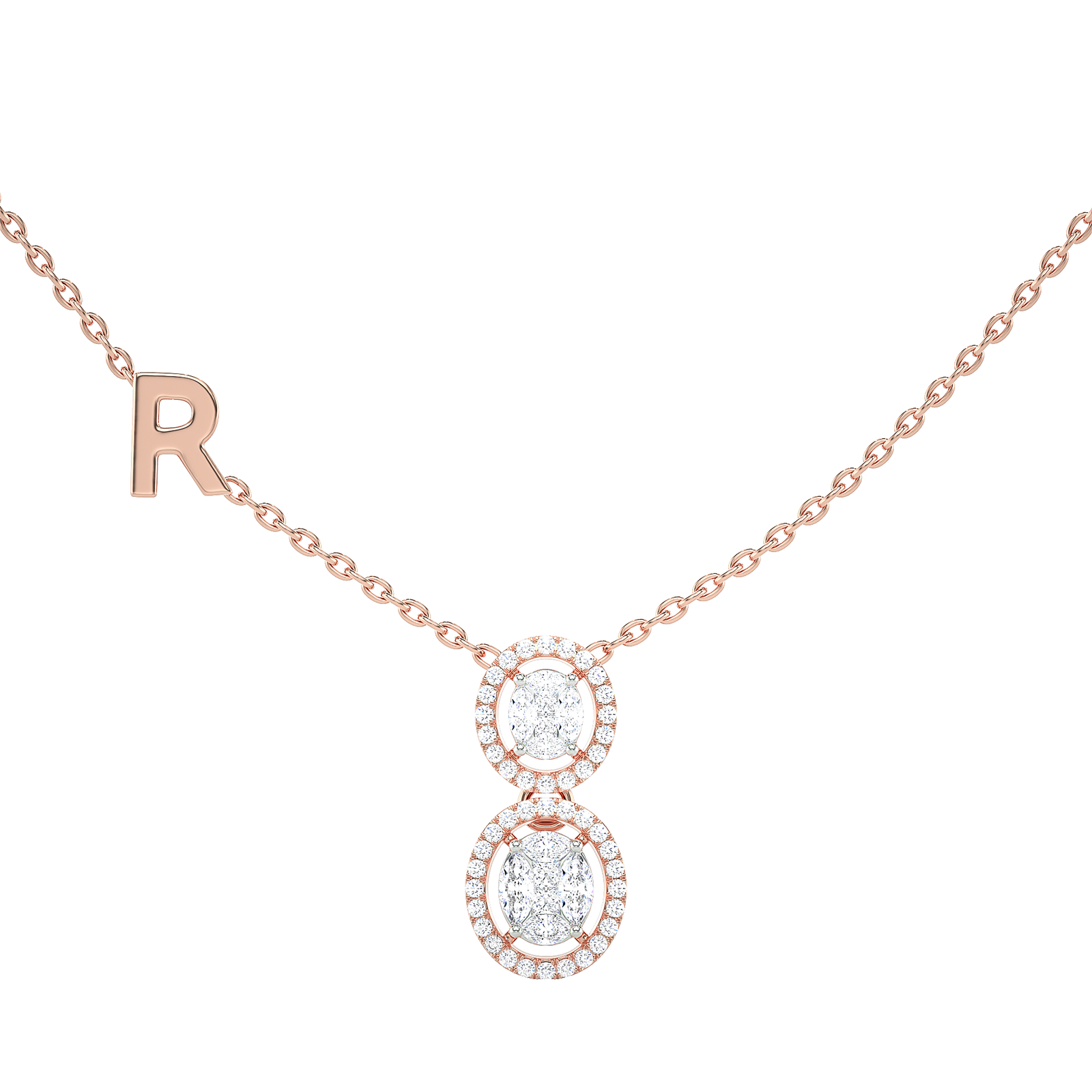 Double Oval Halo Necklace with Initial Charm