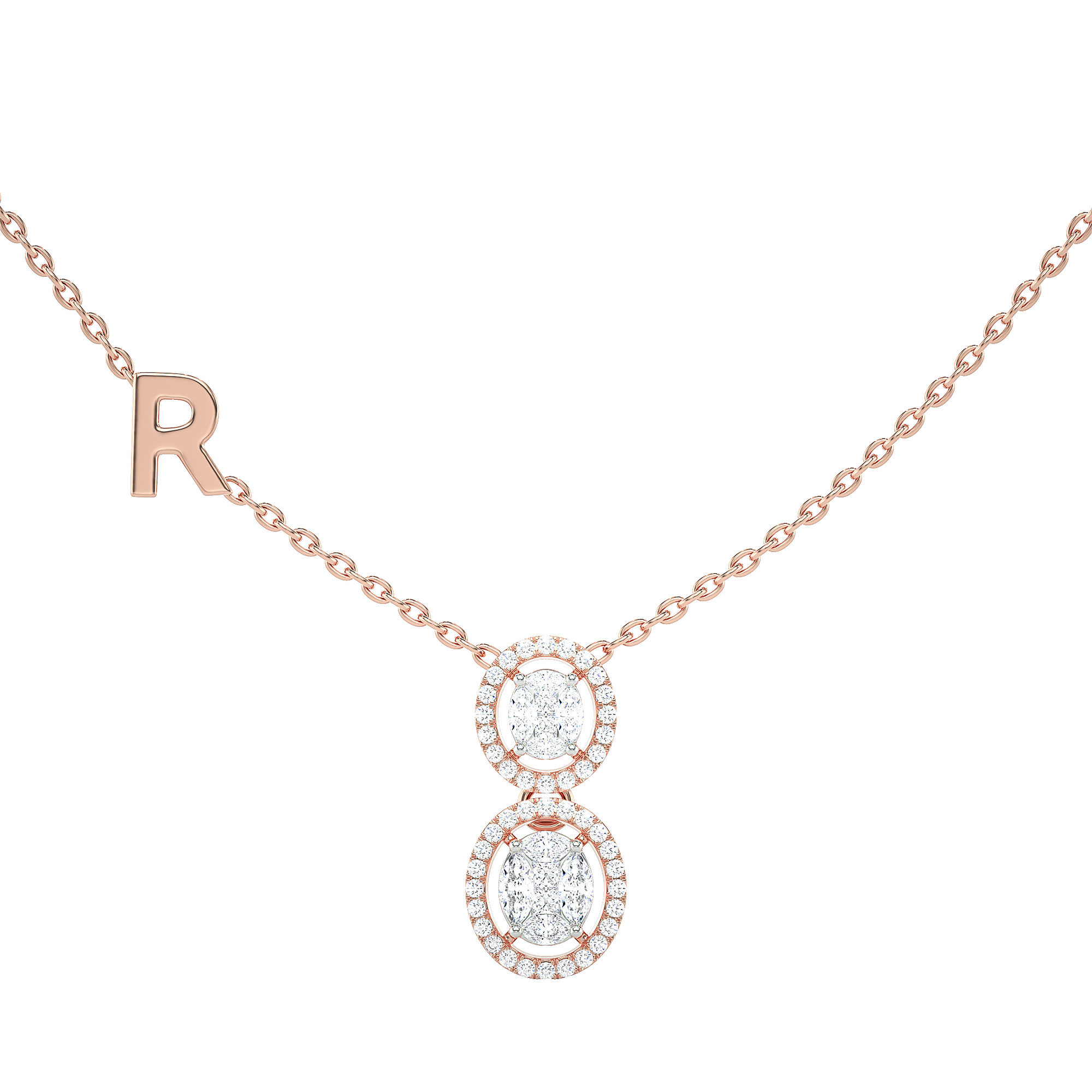 Double Oval Halo Necklace with Initial Charm