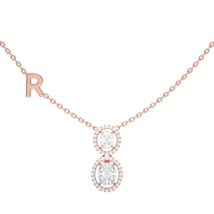 Double Oval Halo Necklace with Initial Charm