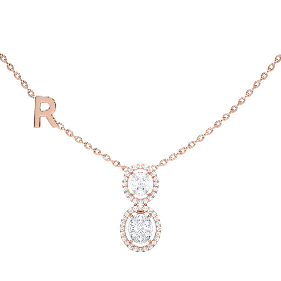 Double Oval Halo Necklace with Initial Charm