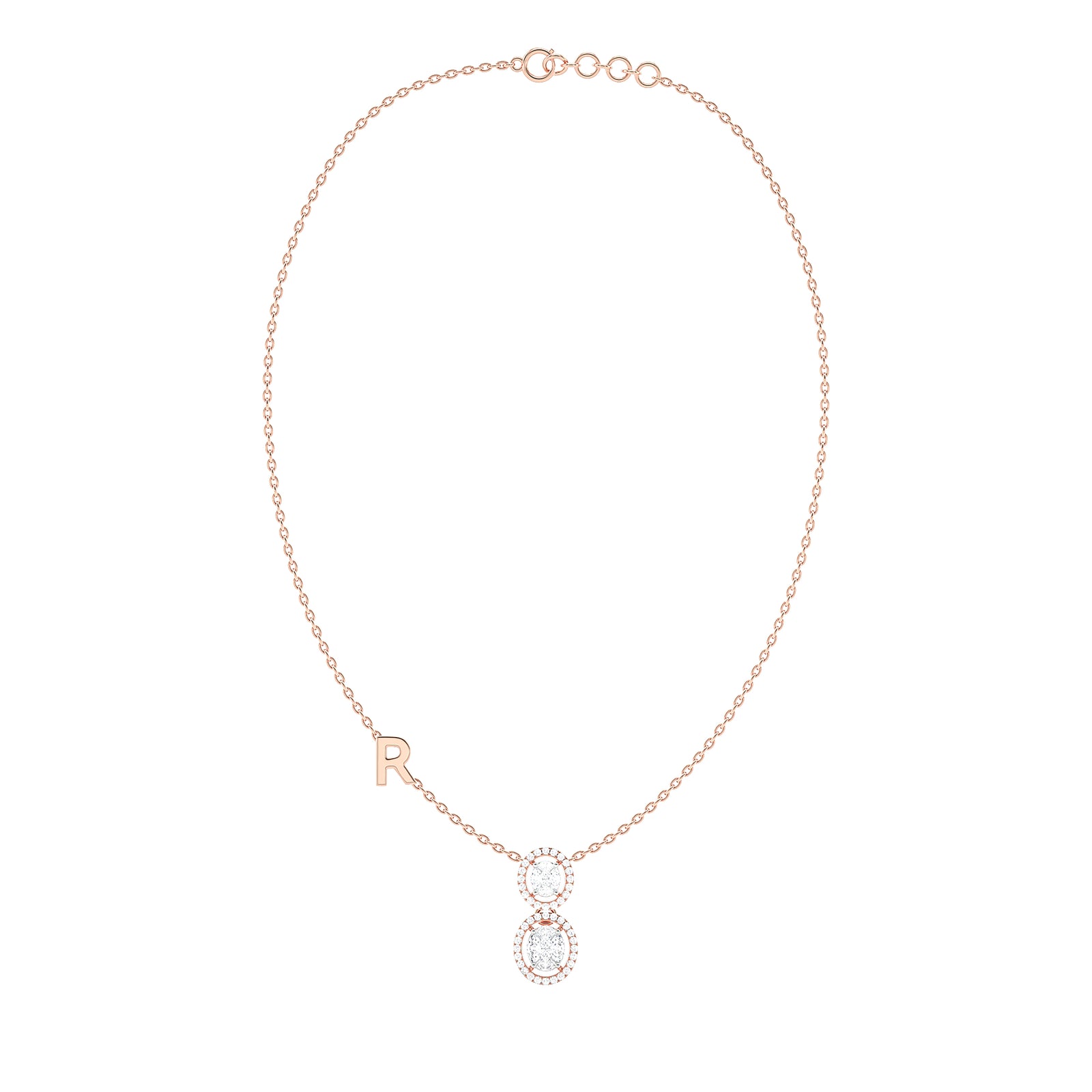 Double Oval Halo Necklace with Initial Charm