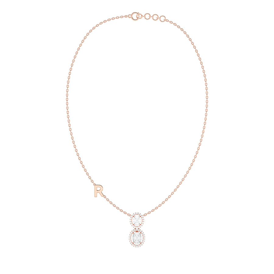 Double Oval Halo Necklace with Initial Charm