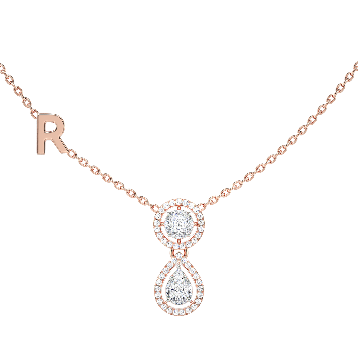 Cushion & Pear Diamond Halo Drop Necklace with Initial Charm