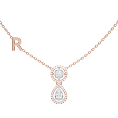 Cushion & Pear Diamond Halo Drop Necklace with Initial Charm