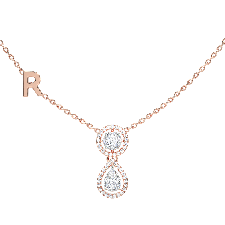 Cushion & Pear Diamond Halo Drop Necklace with Initial Charm