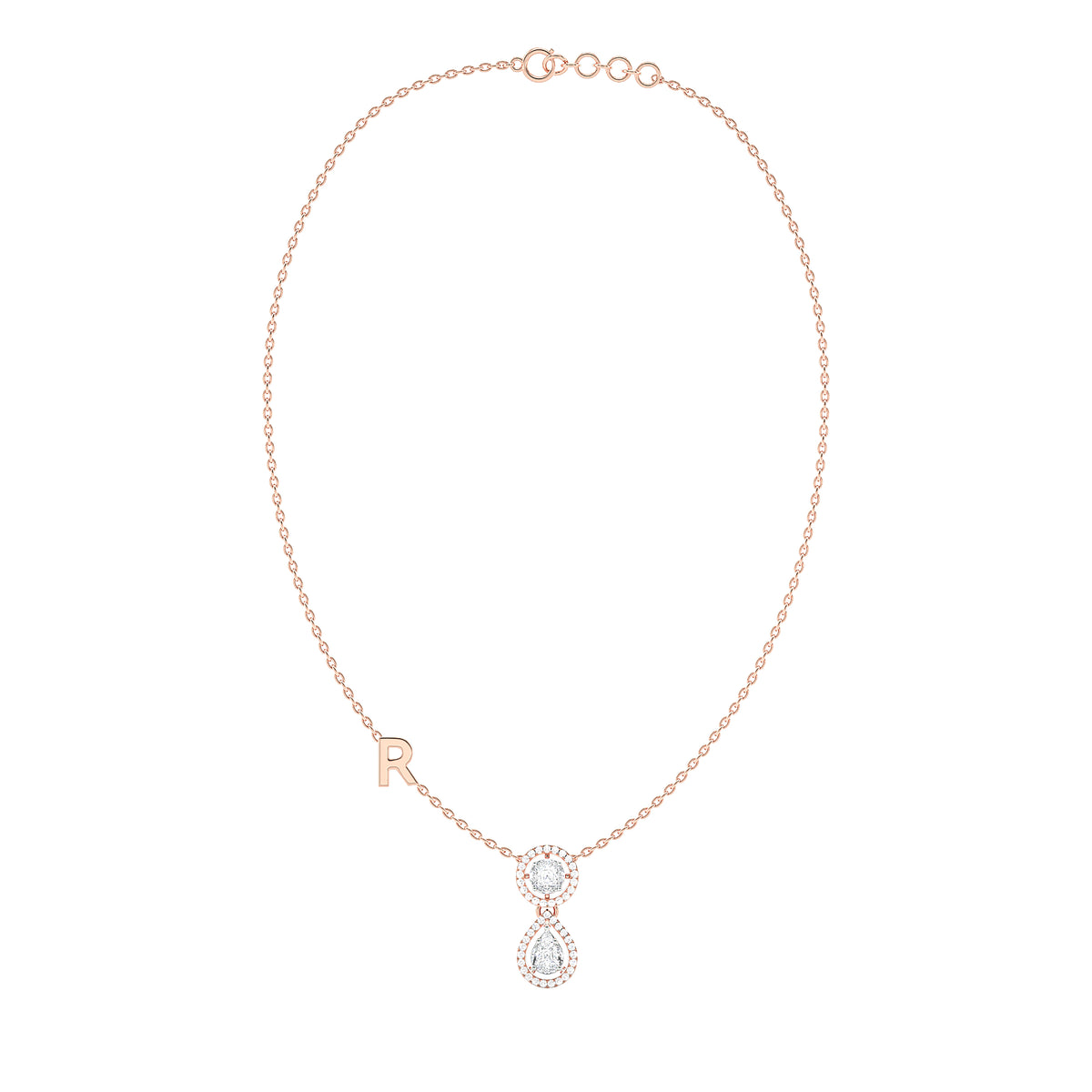 Cushion & Pear Diamond Halo Drop Necklace with Initial Charm