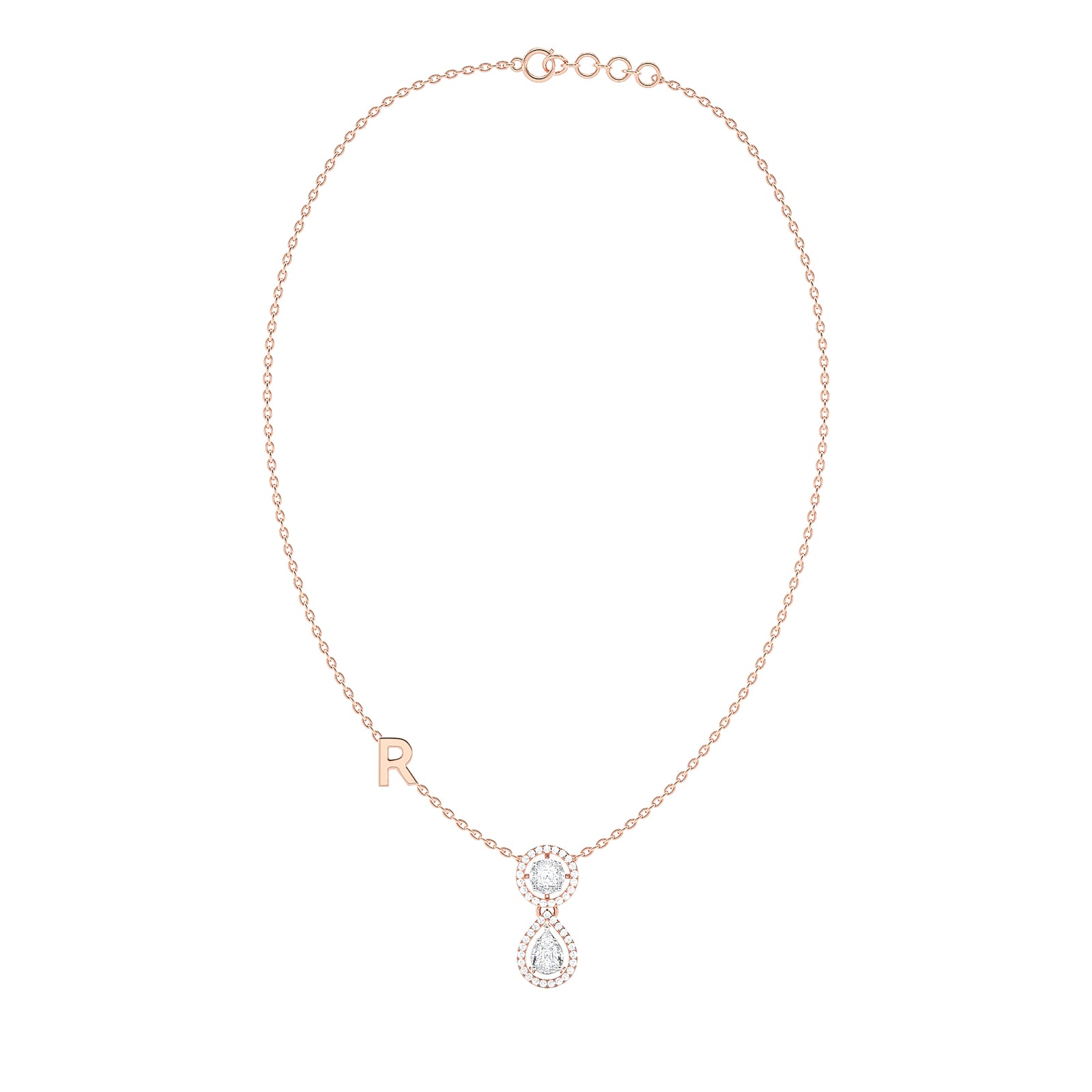 Cushion & Pear Diamond Halo Drop Necklace with Initial Charm