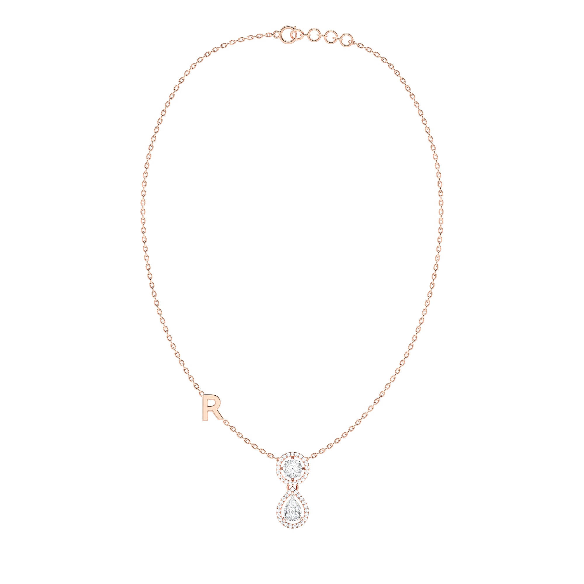 Cushion & Pear Diamond Halo Drop Necklace with Initial Charm