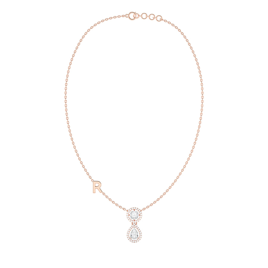 Cushion & Pear Diamond Halo Drop Necklace with Initial Charm