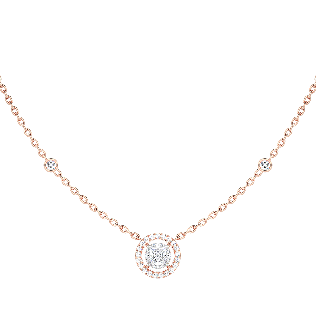 Round Diamond Cluster Halo Necklace with Diamond Stations