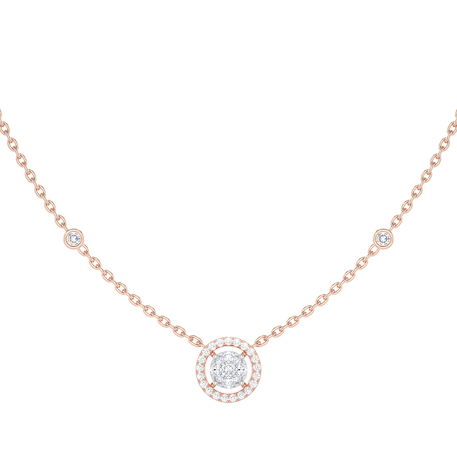 Round Diamond Cluster Halo Necklace with Diamond Stations