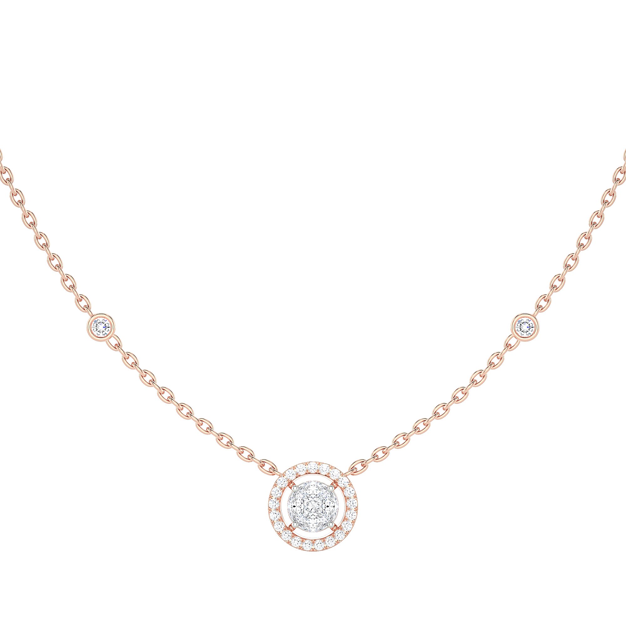 Round Diamond Cluster Halo Necklace with Diamond Stations