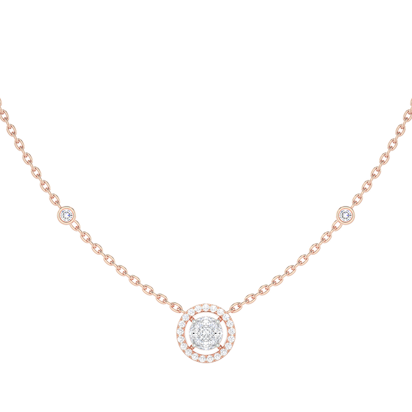 Round Diamond Cluster Halo Necklace with Diamond Stations