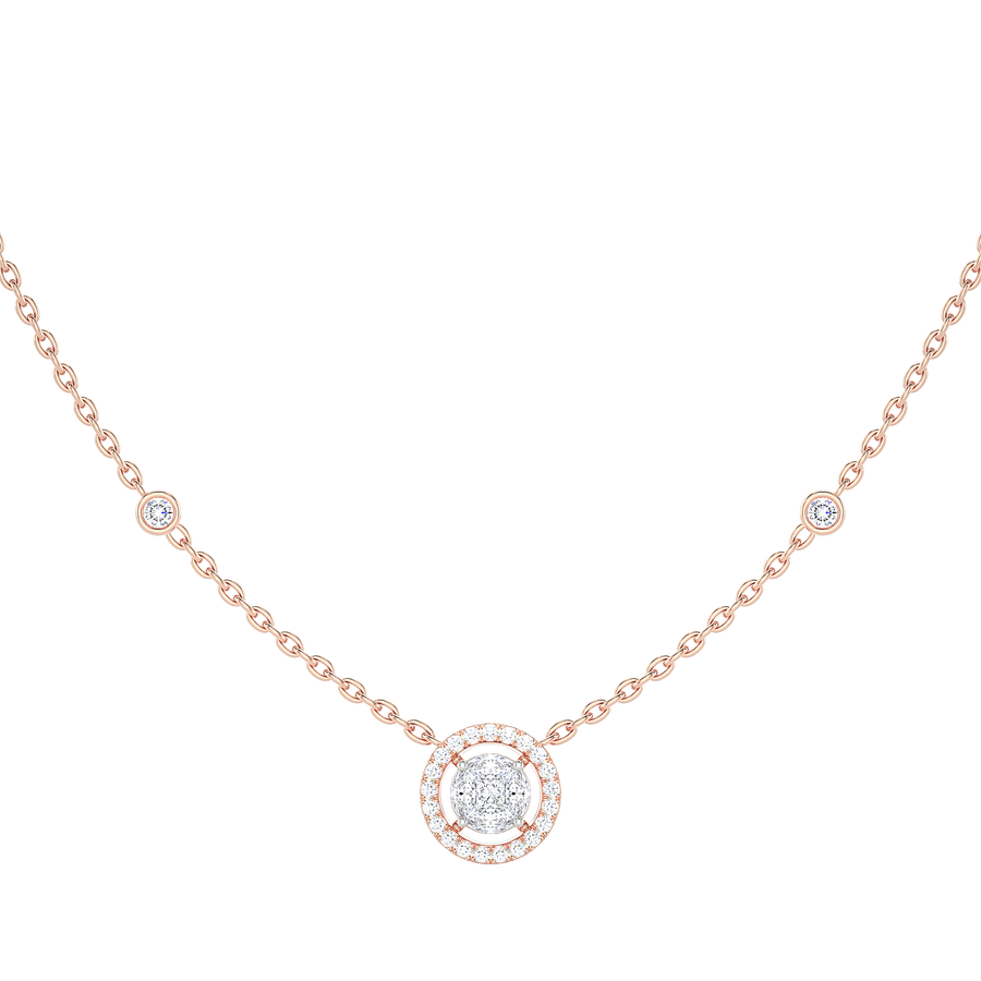 Round Diamond Cluster Halo Necklace with Diamond Stations