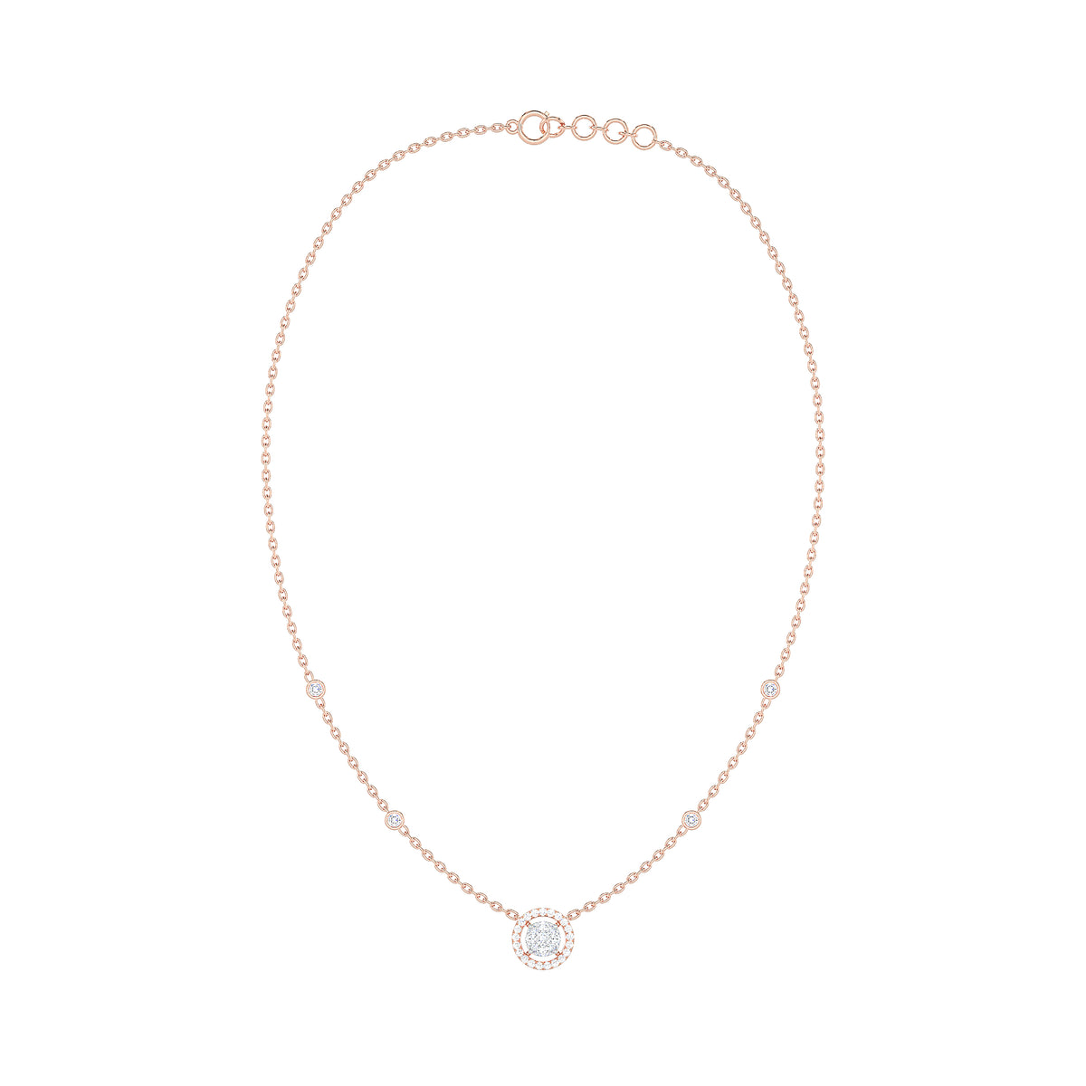 Round Diamond Cluster Halo Necklace with Diamond Stations