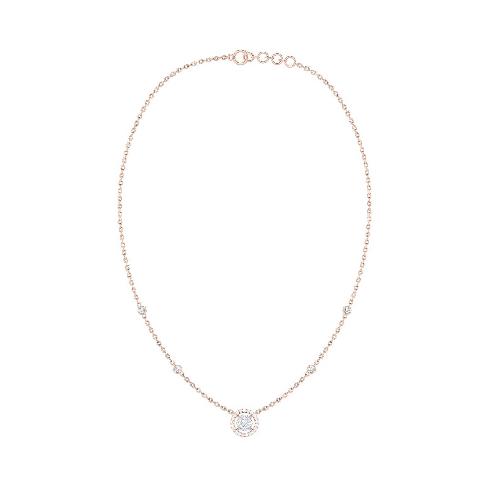 Round Diamond Cluster Halo Necklace with Diamond Stations