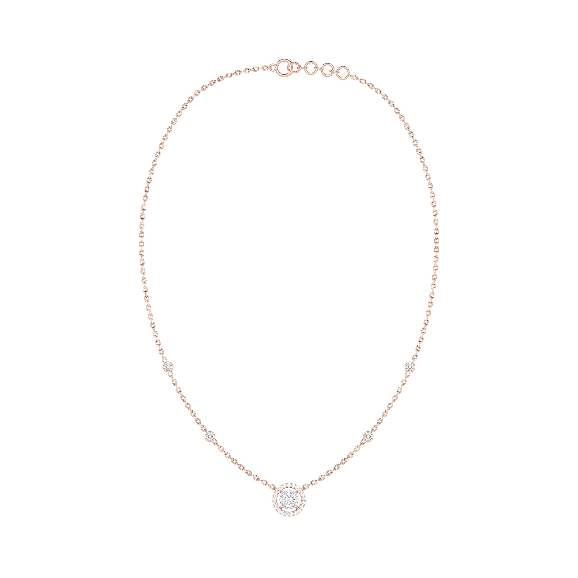 Round Diamond Cluster Halo Necklace with Diamond Stations