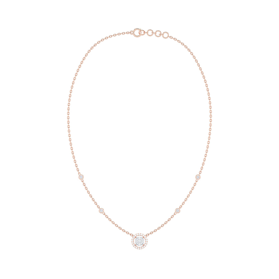 Round Diamond Cluster Halo Necklace with Diamond Stations